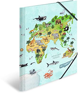 HERMA Sammelmappen A3 Weltkarte Set, 3 Stück, Eckspanner-Mappen aus Pappe mit Kindergarten Motiv, Gummizug, Innenklappen und Innendruck für Jungen, Mädchen und Kinder