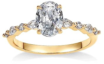 PAVOI 14K Yellow Gold Plated 1.25CT Oval Cubic Zirconia Promise Engagement Ring | Solitaire Wedding Bands | Halo Fake Engagement Ring for Women | Size 7