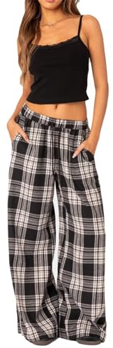 Yassiglia Women's Plaid Pyjama Bottoms Plaid Print Elastic Waist Loose Wide Leg Pants Lounge Pants Pj Bottoms Women Casual Trousers (Black, L)