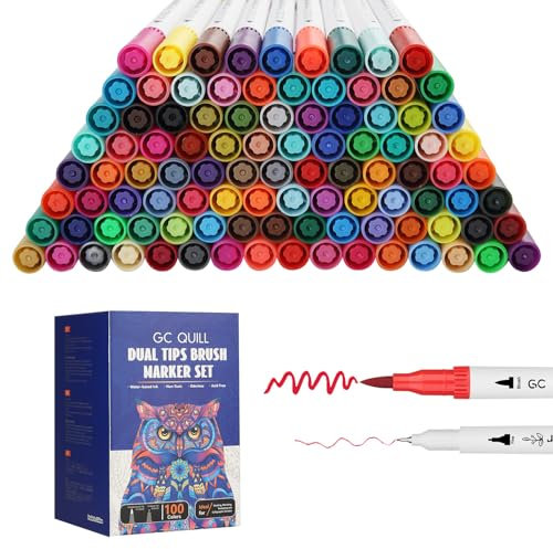 GC QUILL 100 Farben Filzstifte Doppelseitig - Fineliner & Brush Pen Marker Set, Pinselstifte Aquarell Stifte für Erwachsene, Bullet Journal Stifte, Coloring Book Malen und Handlettering GC-N100W