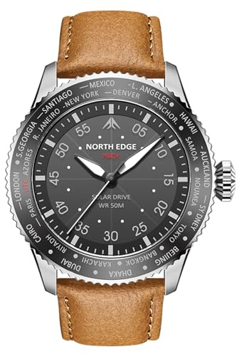 NORTH EDGE Montre de loisirs solaire à quartz pour homme, verre minéral, bracelet en cuir, marron, lanière