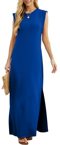 GRECERELLE Damklänning för sommaren, ledig maxiklänning, blusklänning i elegant stil, ärmlös klänning med slits och fickor för damer, Kungsblå, L