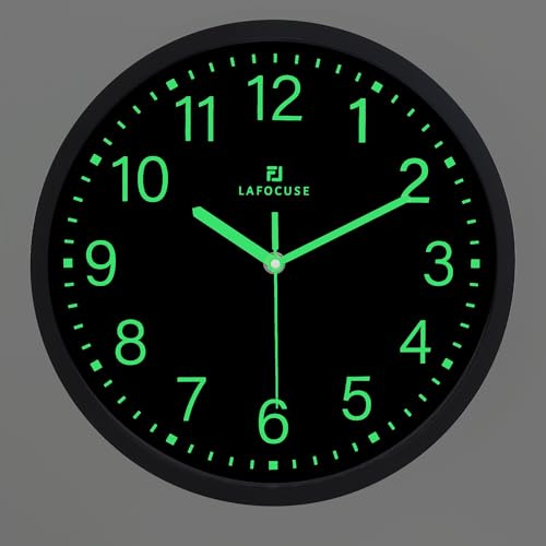 Lafocuse 30cm Reloj de Pared Luminoso, Silencioso Negro Reloj Pared Fluorescente, Fácil de Leer Modernos Decoracion para Salon Cocina Dormitorio Oficina