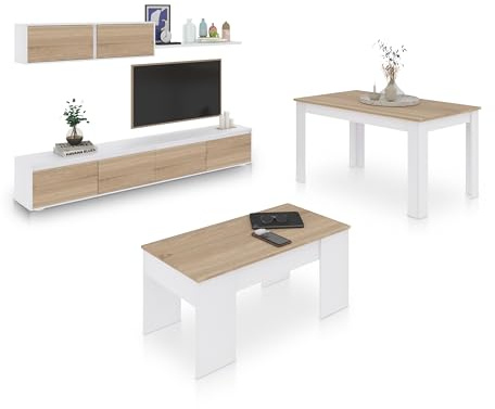 duehome | Pack de Salon con Modulo TV + Mesa de Centro Elevable y Mesa de Comedor, Conjunto de Salon, Modelo Arlet MAX V2B, Acabado en Blanco Artik y Roble Canadian