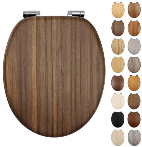 Fanmitrk Standard Wooden Toilet Seat Soft Close, MDF Adjustable Zinc Alloy Hinges with Bottom Fixture,Easy to Clean and Install for Bathroom(JHE175-1-01)