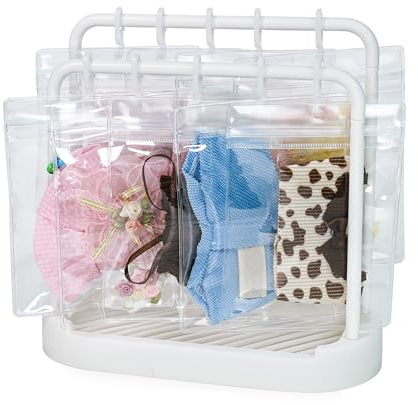 Treayes Doll Clothes Organizer with 20 PVC Clear Bags - Detachable Hanging Rack with Tiered Design & 20 Hooks, Wardrobe Storage for 7 Inch Fashion Dolls