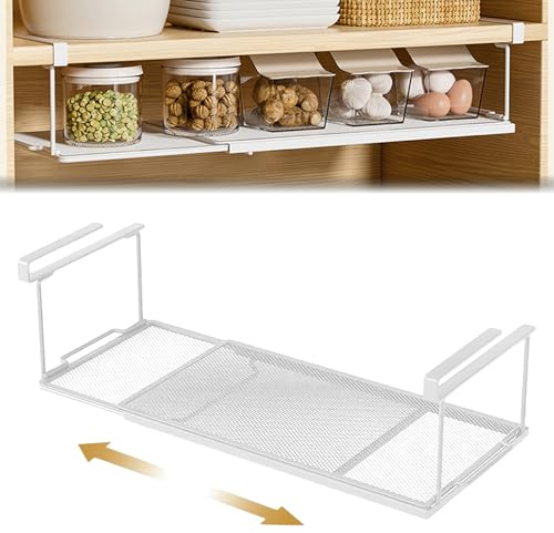 Billowvolve Estantería ajustable para debajo del armario inferior, cesta colgante de metal, 38-70 cm, organizador de armario de cocina, extensible, organizador de zapatos para armario (blanco)