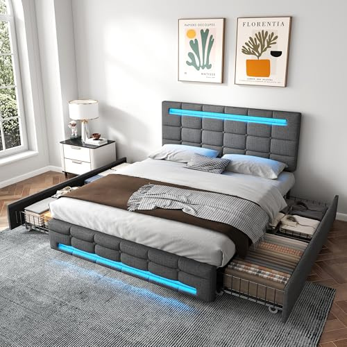 EINHOM Double Bed Frame with Storage Drawers, 4ft6 Upholstered Bed with Adjustable Headboard and LED-Lighting, 135×190cm, Linen, (No Mattress) (Grey)