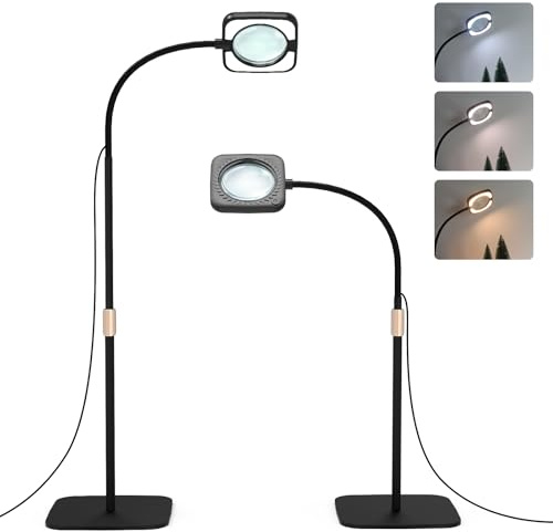 Lente d'ingrandimento con luce e supporto – Lampada da terra a 8 LED con 3 impostazioni di temperatura colore, lente d'ingrandimento con 56 luci LED dimmerabili per leggere, per anziani, hobby e fai