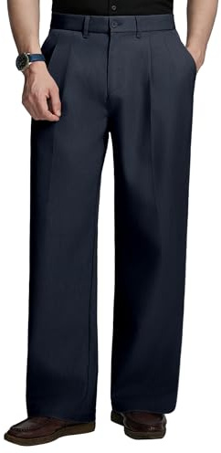 FEDTOSING Pleated Baggy Dress Trousers Men Old Money Wide Leg Casual Pants Mens Slacks Relaxed Fit Vintage Wedding Trousers Navy Blue
