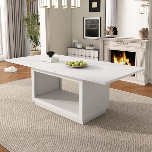 Bladez Tavolo da pranzo allungabile per 6 – 8 persone, 140 – 180 cm, moderno rettangolare con spazio di archiviazione, bianco, semplice tavolo da cucina multifunzionale, larghezza 70 x altezza 76,5 cm