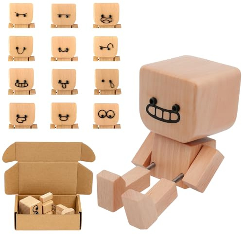 QminTouyzs Shaking Wooden Man Figurine, Wooden Man with Wobbly Legs with 12 Expressions, Unique Office Desk Ornament, Wooden Figure with Shaky Legs for Car Dashboard Decor