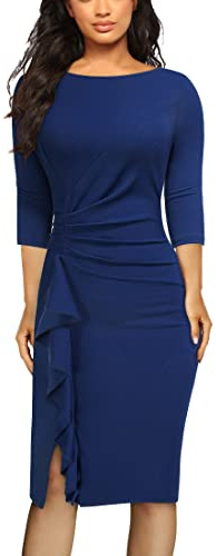 AISIZE Women's Retro 3/4 Sleeve Ruched Elegant Business Pencil Sheath Dress (Medium, Navy Blue)