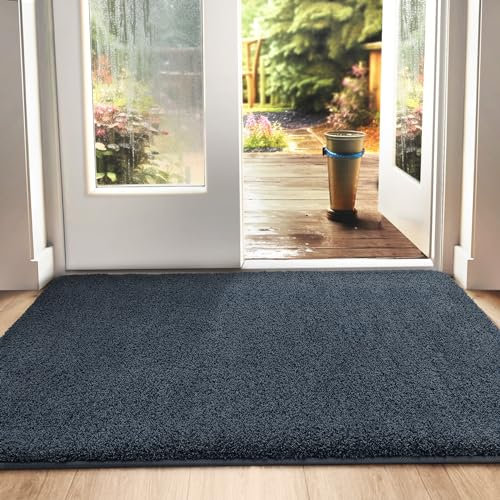 DEXI Dirt Trapper Door Mat Indoor, Non-slip Doormats Inside, Machine Washable, Super Absorbent Entrance Mats Soft Floor Carpet Rug, 50 x 80 cm, Blue-Black
