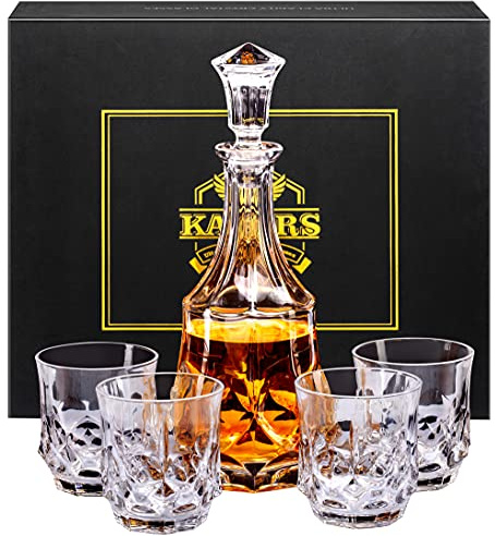KANARS Whiskey Decanter Sets for Men, 25 Oz Liquor Decanter with 10 Oz Crystal Glasses in Luxury Box for Bourbon Scotch Rum Tequila Vodka, Whisky Gifts for Birthday New Year Father's Day