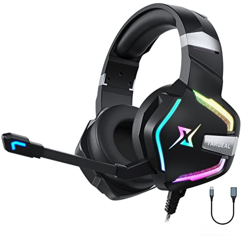 Targeal Auriculares para juegos de PC con sonido envolvente 7.1 para PS4, PS5, Switch, laptop, tablet, móvil, auriculares USB para juegos con cable sobre la oreja con micrófono omnidireccional con