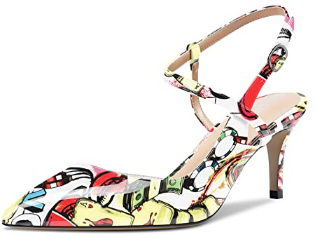 HDEUOLM Chaussures Aiguille Talons Moyens pour Femmes Kitten Heel Slingback Sandales Bout Pointu Pumps Lanières Cheville Multicolore Vernis A 41 EU