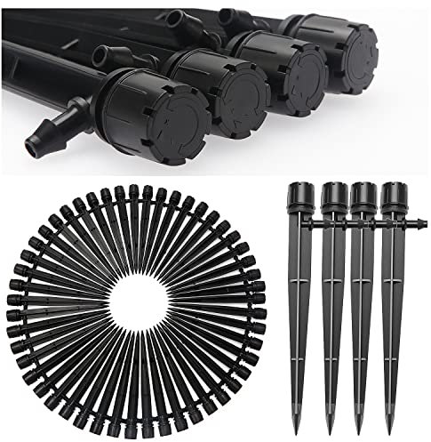 50 Pièces Goutteur Irrigation Réglable, VooGenzek 360 Degrés 8-Trou Micro Asperseur Goutte à Goutte avec Connecteur Barbelé & Piquet de Support pour Tube 4/7 mm, Goutteur d'irrigation Insertion, Noir