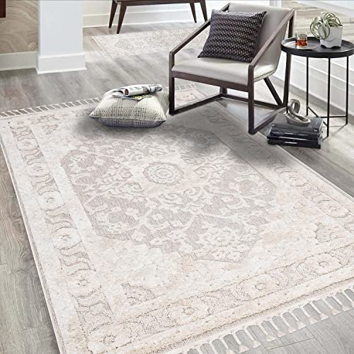 carpet city Teppich Wohnzimmer Boho-Stil Creme - 140x200 cm - Ornamente, Bordüre - Relief-Optik, 3D-Effekt - Cut-&Loop, Sisal - Moderne Fransen-Teppiche Schlafzimmer
