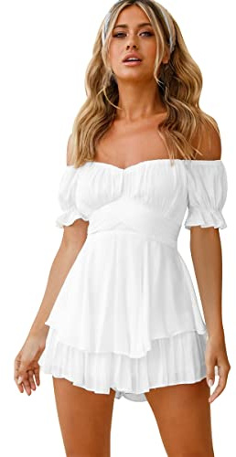 IMEKIS Women Off Shoulder Rompers Solid Color Floral Print Puff Sleleve Short Jumpsuit Chiffon Ruffle Flowy Mini Dress Boho Summer Overalls Playsuit White S
