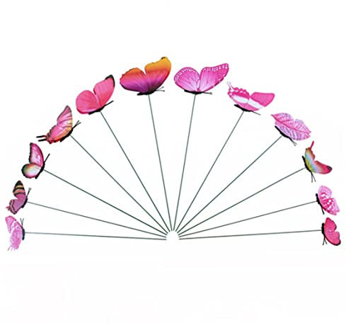 Piquets De Papillons en Métal - Ornements De Jardin pour Patio et Balcon - Décorations De Pelouse Rose Rouge 12pcs