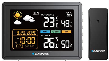 Blaupunkt WS30BK Wetterstation Digital Farbdisplay Funkwetterstation DCF-Funkuhr Multifunktionale Wetterstation Thermometer Hygrometer Innen und Außen LCD-Display mit Wettervorhersage