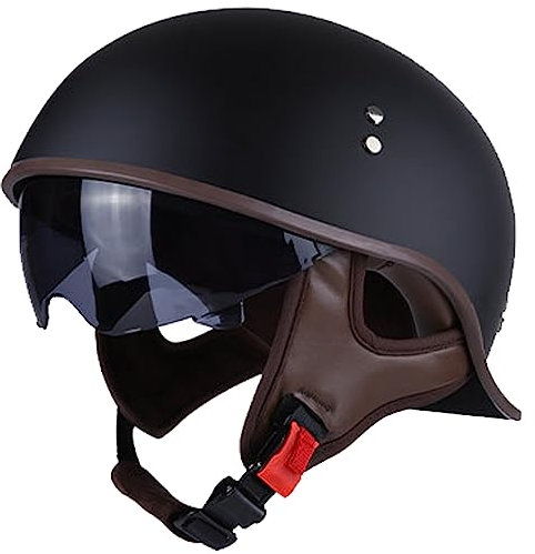 WYXAXNM Halbschalenhelm Brain-Cap Halbschale Jet-Helm Motorrad-Helm Roller-Helm Scooter-Helm Mofa-Helm DOT/ECE-Zulassung Retro Chopper Cruiser Helm mit Built-in Visier für Herren Damen,E-M(55~56cm)