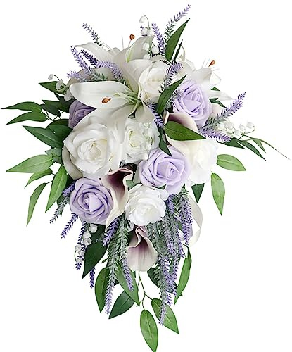 Wedding Bouquet for Bride, White Calla Lily Purple Rose Water Drop Waterfall Romantic Wedding Bouquets Flowers Cascading Bridal Bouquets for Wedding Ceremony and Anniversary Party Home Decor, C