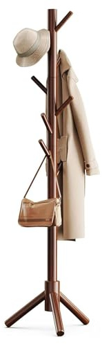 Bayt Garderobenständer 175 cm - Garderobenständer Freistehend mit 3 Verstellbaren Größen - Garderobe in Baumform mit 8 Haken - Kleiderständer Holz Braun