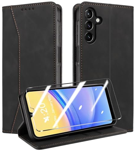 QHOHQ Handyhülle für Samsung Galaxy A15 4G/5G Hülle mit Panzer Folie, Premium Leder Schutzhülle, [RFID Sperrung Schutz], Magnet Klappbar Flip Case Tasche, Multifunktional, Stoßfest (Traum)-Schwarz