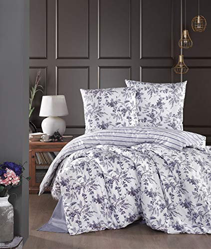 ZIRVEHOME Bettwäsche-Set 155x220 cm. 2 teilig, Weiß mit Lila Geblümt, Montera V2