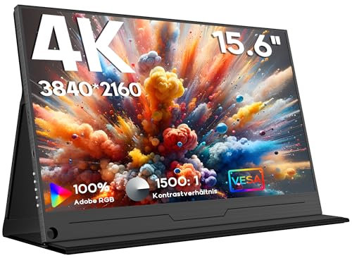 HONGO Portable Monitor 4K, 15.6 3840x2160 Tragbarer Monitor IPS 100% sRGB Mobiler Monitore mit Zwei Lautsprecher, Erweiterung Bildschirm für Laptop/PC/Mac/PS5/4/X-BO, USB C mit Schutzhülle