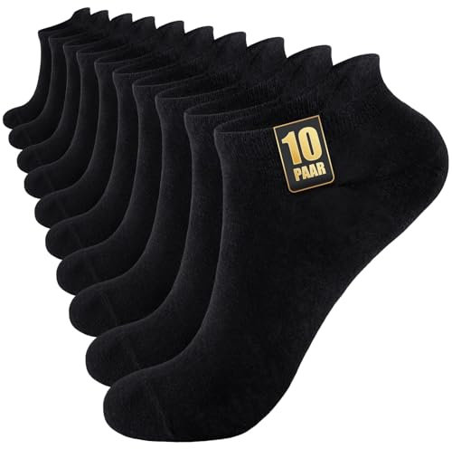 SockWaddles 10 Paar Sneaker Socken Herren Damen, Anti Schweiß Kurze Socken, Baumwolle Sportsocken, Atmungsaktive Laufsocken Unisex Schwarz Weiß Grau, Schwarz, 43-46