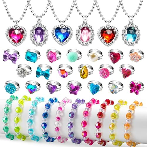 36pcs Princess Play Jewelry Set for Little Girls Ages 4-6, Kids Costume Dress Up Jewelry Necklace Bracelet Rings for Toddlers, Childrens Princess Birthday Party Favors Gift 3 4 5 6 7 8 Year Old Girl
