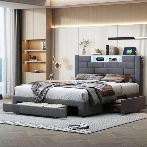 ZHDOKA Letto matrimoniale imbottito, con 3 cassetti, porta USB e testiera LED, struttura letto per ragazzi, con rete a doghe e telaio in metallo, senza materasso, in velluto grigio, 160 x 200 cm