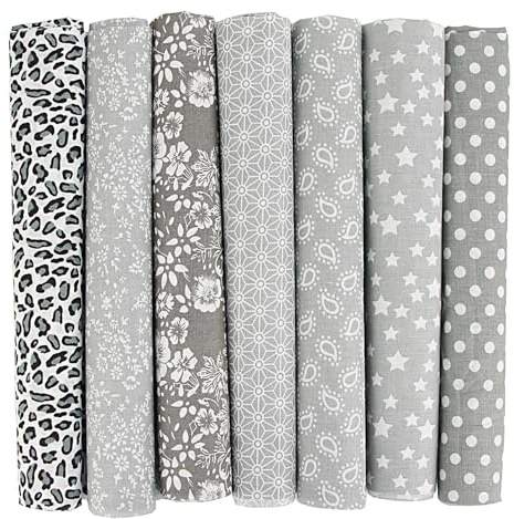 EXGOING 7pcs Fat Quarters Fabric Bundles - 20x20 Precut Easter & Spring Quilting Cotton for Sewing, Patchwork, DIY Crafts & Home Décor - Soft, Durable & Multi-Colour Material (Grey)