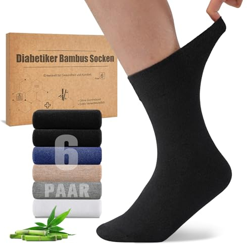 Niorasen Chaussettes Diabétiques en Bambou, 6 Paires de Chaussettes pour Diabétiques sans Elastique ＆ sans Couture, Chaussette en Bambou avec Bordure Confortable pour Homme et Femme