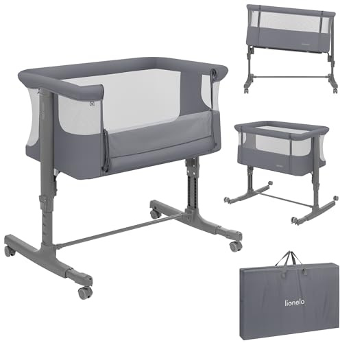 Lionelo Aurora 3-i-1 Babysäng upp till 9 kg – Sidosäng Co-Sleeper, Vagga | Fristående Spjälsäng med Höjdjustering, Lutningsfunktion, Meshpaneler, 4 Hjul med Broms, Madrass & Bärväska