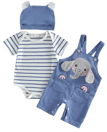 Vioyavo Newborn Baby Boy 3Pcs Summer Outfit Striped Short Sleeve Romper Top Elephant/Dinosaur Pattern Overall Pants Hat Clothes Set (Blue, 3-6 Months)