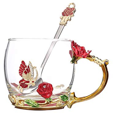 Tea Mug,Coffee Spoons,Glass Tea Cups,Coffee Cups Glass,Glass Mugs with Handles,Tea Lovers Gifts for Women,Butterfly Gifts for Women,Tea Sets for Women, Gift Ideas for Women. (Dwarf Red Rose Tea Cup)
