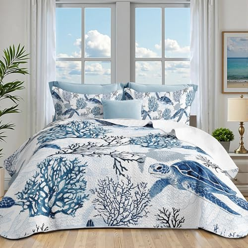 weesire Juego de Colcha de Playa náutica, Juego de edredón costero Azul Marino para Todas Las Estaciones, edredón tamaño King con 2 Fundas de Almohada, Ropa de Cama Costera de Coral y Tortuga