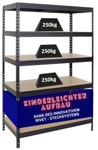 PROREGAL Scaffale per carichi pesanti Rivet | AxLxP 180x120x60cm | Portata per ripiano 250kg | Sistema Innovatio ad incastro | Nero