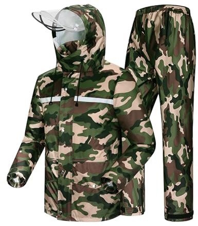 M GYEJIAQU Combinaison de Pluie Imperméable et Réfléchissante Pantalon de Pluie Extérieur Homme/Femme Blouson de Randonnée Léger Veste（XXL, Camouflage vert armée）