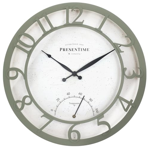 Presentime & Co 13 Farmhouse Outdoor Wall Clock w/Outdoor Thermometer, Modern Style, Raised 3D Arabic Numerals, Olive/Sage Green Finish (Wall Clock for Patio, Cottage, Poolside, Garden Spaces)