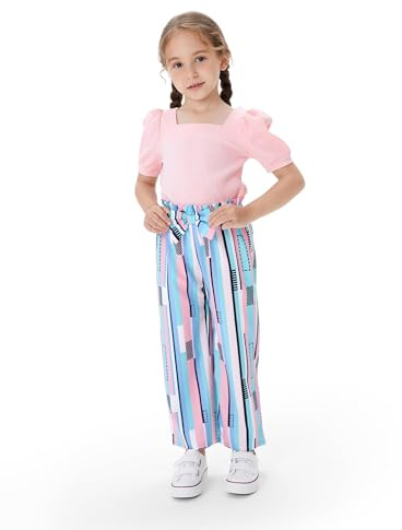 PATPAT Set di Abbigliamento per Bambina Bambino Collo Quadrato Sbuffo Manica Corta Pantaloni a Righe Bambini Primavera Casual Moda T-shirt Vestiti per Ragazze Pantaloni da Completo 3-12 Anni Estate