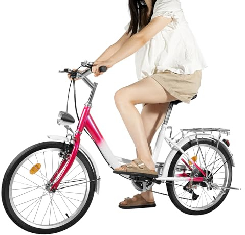 Vélo de ville de 20 , 6 vitesses, rose, avec garde-boue et lampe, hauteur réglable pour villes, plages, pistes cyclables et différentes routes avec lampe