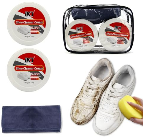 IKI Sneaker Reiniger Creme - 2 Stück Weiße Sneaker Reinigung & Fleckenentferner mit Schwammtücher für Weiße Sneaker, Leder Reinigung