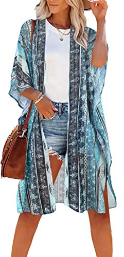 florynova Kimono for Women Summer Cardigans Open Front Swimsuit Cover Up Hawaiian Beach Shirts(Blue Ethnic Pattern,M)