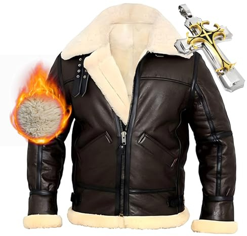 Veste d'aviateur en Peau De Mouton Cuir Bombardier pour Hommes, Manteau Mouton Retourné Homme, Leather Jacket Homme, Blouson Cuir Homme Hiver éPaissir Manteau Fourrure (TYP-1,S)