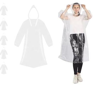 6 stycken regnponcho för kvinnor och män – vattentät, transparent, lätt och praktisk – engångs regnponcho med huva och elastiska manschetter, transparent, L-6XL